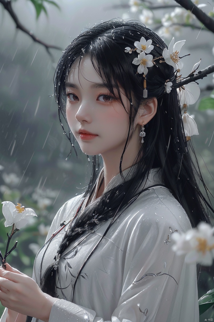  (\yan yu\),(rainning:1.1),1girl, solo, jewelry, long hair, earrings, hair ornament, black hair, branch, flower, upper body, blurry background, chinese clothes, dress, hair flower, black eyes, closed mouth, realistic