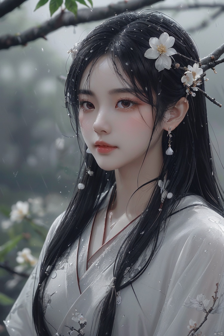 (\yan yu\),rainning,1girl, solo, jewelry, long hair, earrings, hair ornament, black hair, branch, flower, upper body, blurry background, chinese clothes, dress, hair flower, black eyes, closed mouth, realistic