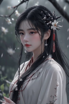  (\yan yu\),rainning,1girl, solo, jewelry, long hair, earrings, hair ornament, black hair, branch, flower, upper body, blurry background, chinese clothes, dress, hair flower, black eyes, closed mouth, realistic, ((poakl))