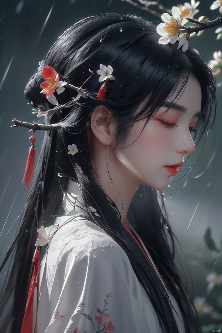 (\yan yu\),rainning,1girl, solo, long hair, closed eyes, black hair, from side, flower, upper body, closed mouth, profile, branch, red lips, lips, eyelashes