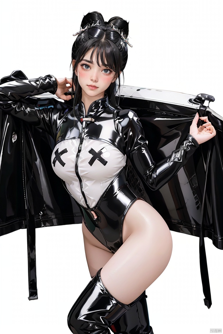  1girl, white theme, black hair, sparkling eyes, (Detailed eyes:1.2), standing, no shoose, black bodysuit, han style, black_bodysuit, hanfu,  , , knee boots, latex