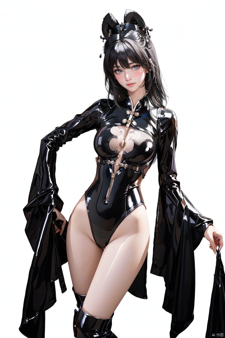  1girl, white theme, black hair, sparkling eyes, (Detailed eyes:1.2), standing, no shoose, black bodysuit, han style, black_bodysuit, hanfu,  , , knee boots, latex