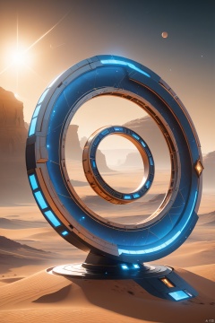 In this science fiction-styled illustration, we see a ring-shaped spacecraft hovering above an arid desert landscape. The craft consists of two interconnected toroidal structures, with the outer ring being significantly larger than the inner one, both held together by a series of supporting struts. The edges of the spacecraft are adorned with blue lights that starkly contrast against the warm, orange-hued sunset backdrop, imbuing the image with a sense of futurism and technological sophistication.

Beneath the craft lies a desert terrain composed of red rock formations and sand dunes, while in the sky above hangs a radiant sun, casting a glow of warmth across the entire scene. This sunset tableau creates a powerful visual tension against the cooler tones of the spacecraft.

The overall composition evokes feelings of serenity and mystery, as if it is depicting a narrative about exploration and discovery. Although the specific storyline remains ambiguous, it is clear that this piece is brimming with imagination and creative ingenuity. In terms of composition, color palette, and thematic content, the illustration showcases the artist's unique aesthetic sensibility and artistic prowess.