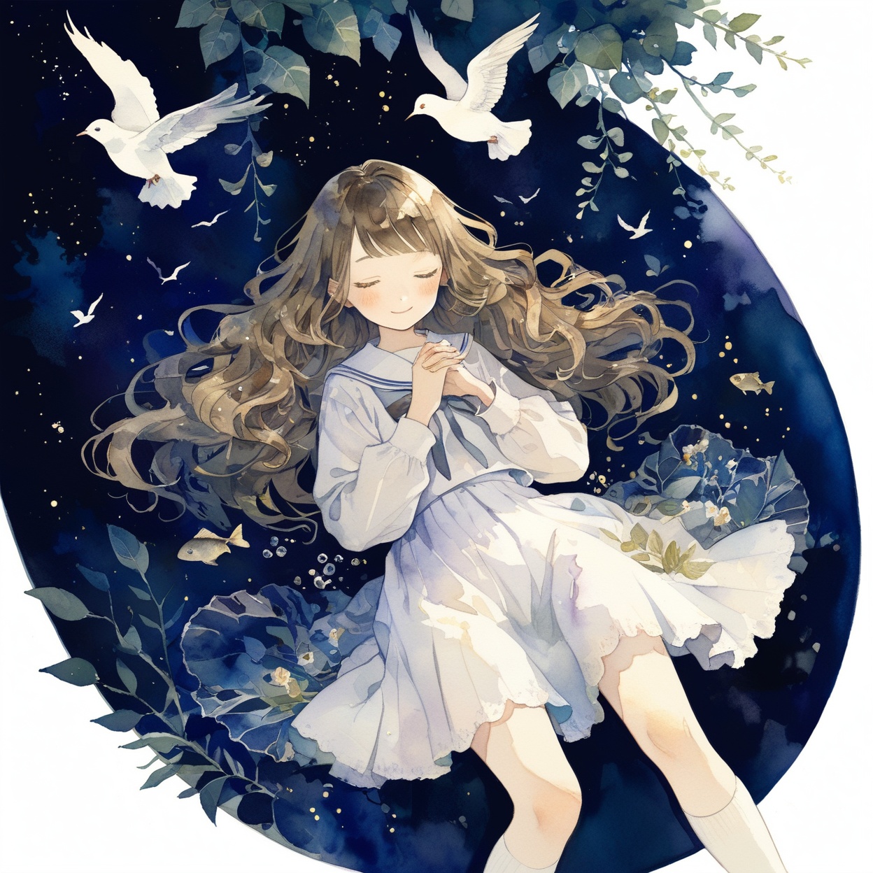 1girl, closed eyes, long hair, dress, solo, smile, blonde hair, white dress, lying, animal, socks, blush, painting (medium), own hands together, sitting, flower, long sleeves, on back, sleeping, plant, leaf, tree, underwater, fish, brown hair, school uniform, nature, shoes, bird, rabbit, light particles, bangs, closed mouth, wavy hair,  
masterpiece, best quality, very aesthetic , traditional media,  watercolor \(medium\),