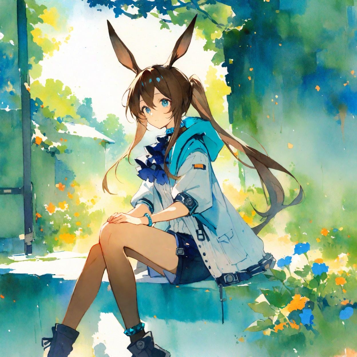 1girl, 1girl, amiya \(arknights\), arknights,
casual fashion, flowers, sitting,
masterpiece, best quality, very aesthetic , traditional media,  watercolor \(medium\), scenery