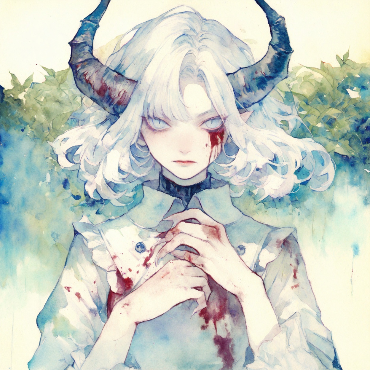 watercolor (medium), blood on hands, blood, solo, horns, 1girl, white hair, blue eyes, looking at viewer, injury, upper body, closed mouth, fingernails, long hair, hand up, shirt, bangs, cuts, slit pupils, sharp fingernails, portrait, blood on face, blood on clothes, white background, long sleeves, floating hair, bleeding, simple background, frills, long fingernails, lips, medium hair, blood on arm, short hair, male focus, androgynous, grey eyes, curled horns, white eyes, expressionless, scratches, eyelashes, 1boy, plant, dress, leaf, multiple horns,  
masterpiece, best quality, very aesthetic , traditional media,  watercolor \(medium\),