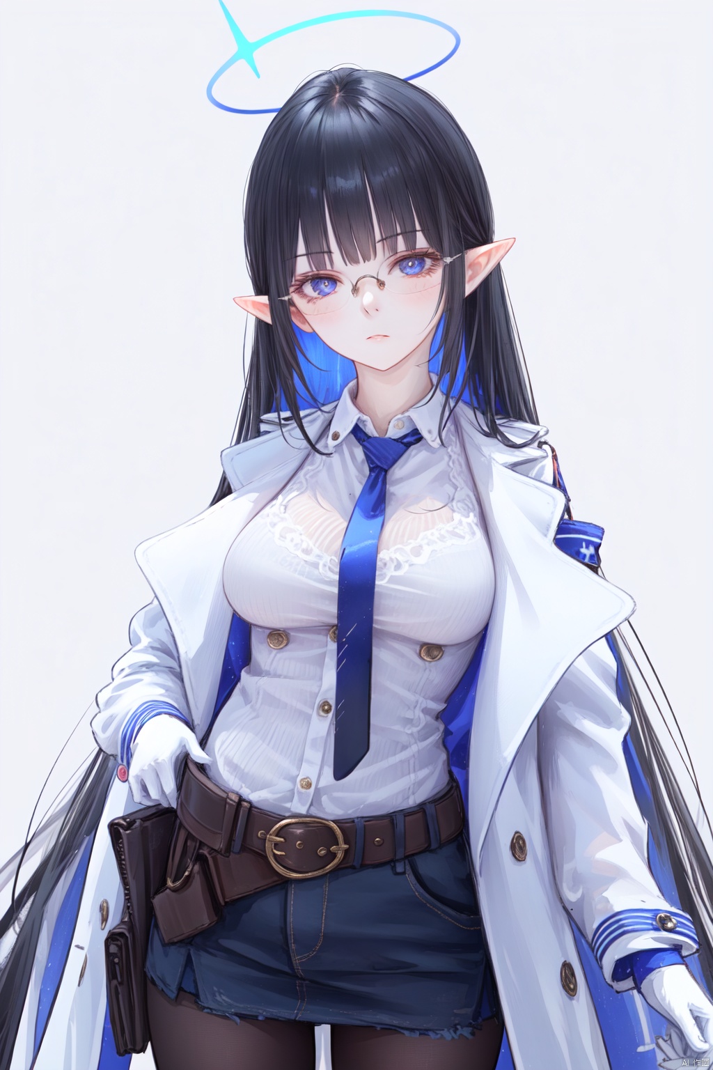 1girl,solo,(masterpiece:1.3),( beautiful:1.2),(high quality:1.2),(finely detailed:1.2),extremely detailed CG unity 8k wallpaper,best quality,a very delicate and beautiful,perfect fingers,(one cute girl at the center:1.2),
long hair, breasts, looking at viewer, bangs, blue eyes, large breasts, simple background, black hair, gloves, very long hair, blue hair, jacket, multicolored hair, necktie, glasses, pointy ears, belt, white gloves, coat, gun, halo, blue necktie, colored inner hair, black pantyhose, white shirt, rinBA