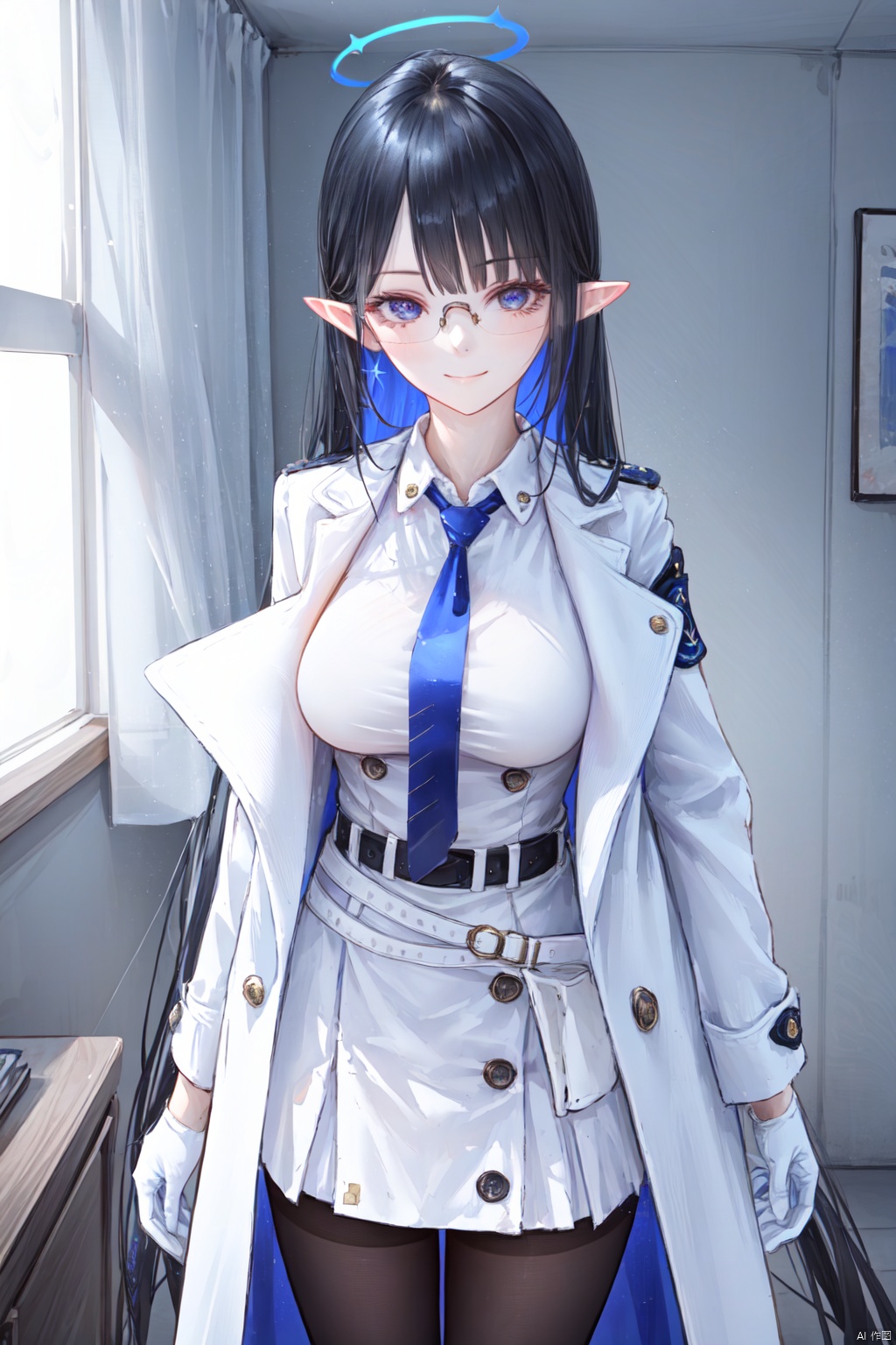  1girl,solo,(masterpiece:1.3),( beautiful:1.2),(high quality:1.2),(finely detailed:1.2),extremely detailed CG unity 8k wallpaper,best quality,a very delicate and beautiful,perfect fingers,(one cute girl at the center:1.2),
long hair, breasts, looking at viewer, bangs, blue eyes, large breasts, black hair, gloves, very long hair, blue hair, jacket, multicolored hair, necktie, glasses, pointy ears, belt, white gloves, coat, halo, blue necktie, colored inner hair, black pantyhose, white skirt, rinBA, sunlight, indoors, smile,