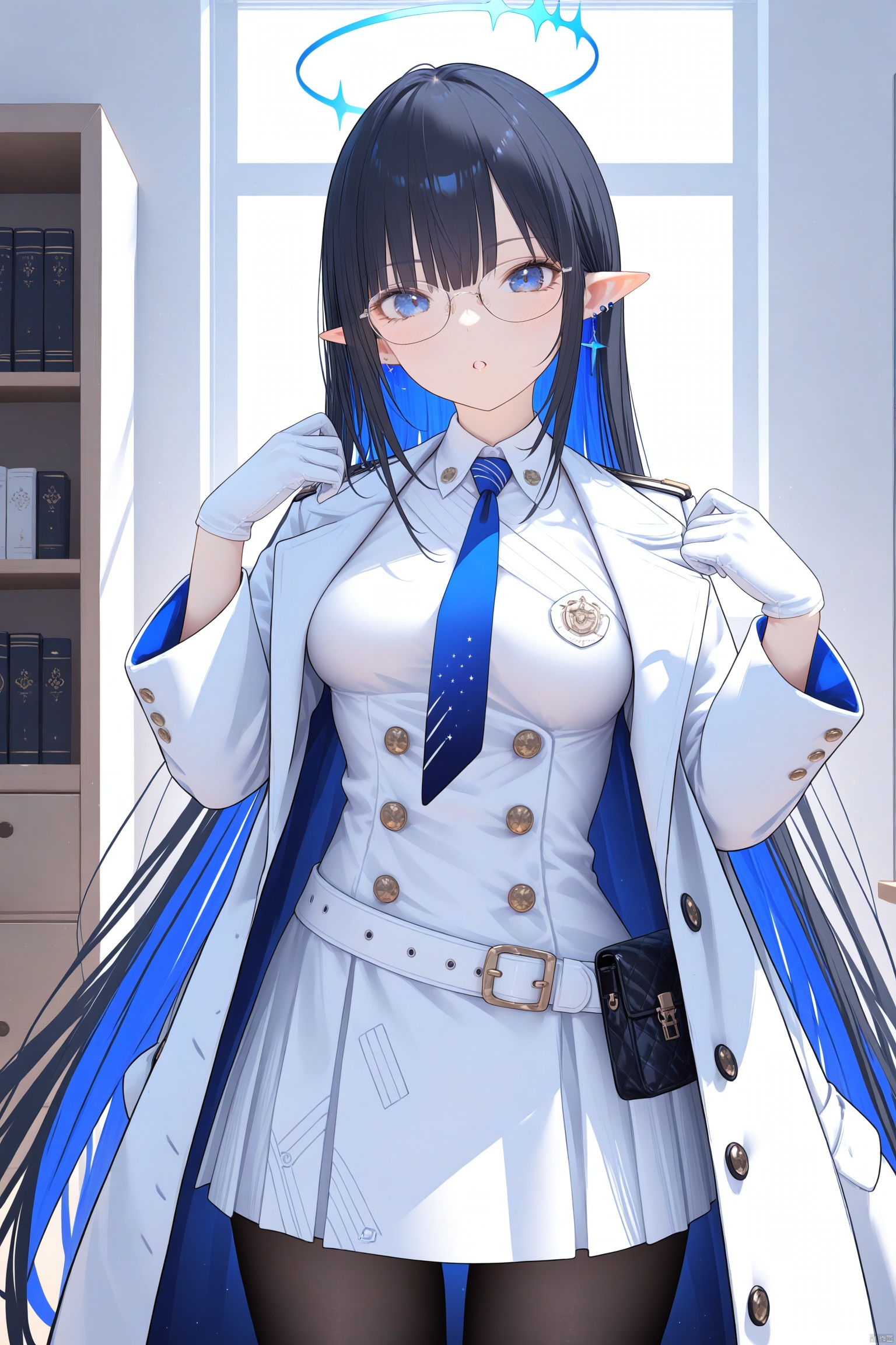  1girl,solo,(masterpiece:1.3),( beautiful:1.2),(high quality:1.2),(finely detailed:1.2),extremely detailed CG unity 8k wallpaper,best quality,a very delicate and beautiful,perfect fingers,(one cute girl at the center:1.2),
long hair, breasts, looking at viewer, bangs, blue eyes, medium breasts, black hair, gloves, very long hair, blue hair, jacket, multicolored hair, necktie, glasses, pointy ears, belt, white gloves, coat, halo, blue necktie, colored inner hair, black pantyhose, white skirt, rinBA, sunlight, indoors,parted_lips, white coat, formal, series