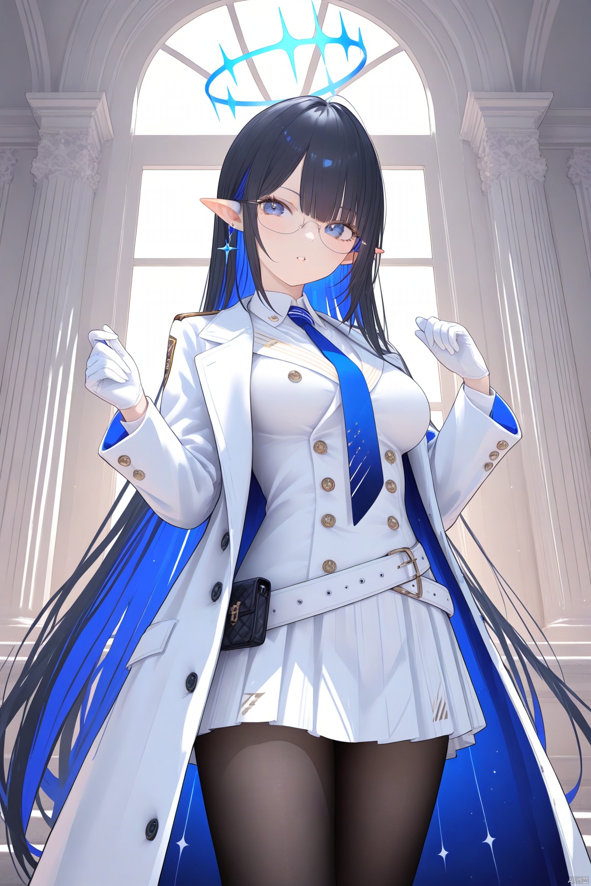  1girl,solo,(masterpiece:1.3),( beautiful:1.2),(high quality:1.2),(finely detailed:1.2),extremely detailed CG unity 8k wallpaper,best quality,a very delicate and beautiful,perfect fingers,(one cute girl at the center:1.2),
long hair, breasts, looking at viewer, bangs, blue eyes, medium breasts, black hair, gloves, very long hair, blue hair, jacket, multicolored hair, necktie, glasses, pointy ears, belt, white gloves, coat, halo, blue necktie, colored inner hair, black pantyhose, white skirt, rinBA, sunlight, indoors,parted_lips, white coat, formal, series