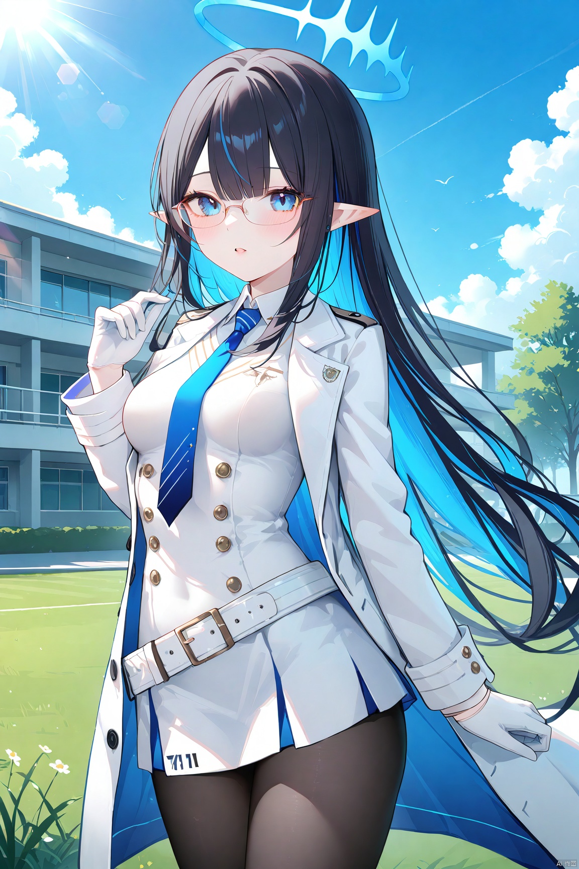  (masterpiece),( beautiful:1.2),(high quality:1.2),(finely detailed:1.2),extremely detailed CG unity 8k wallpaper,best quality,
parted lips ,outdoors, blue sky,sunlight, clouds, school building,lawn, 
long hair, breasts, looking at viewer, bangs, blue eyes, small breasts, simple background, black hair, gloves, very long hair, blue hair, jacket, multicolored hair, necktie, glasses, pointy ears, belt, white gloves, coat, gun, halo, blue necktie, colored inner hair, black pantyhose, rinBA