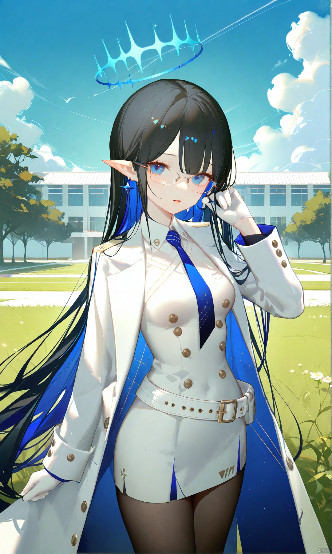 ask_(askzy), (masterpiece),( beautiful:1.2),(high quality:1.2),(finely detailed:1.2),extremely detailed CG unity 8k wallpaper,best quality,
parted lips ,outdoors, blue sky,sunlight, clouds, school building,lawn, blue halo,
long hair, breasts, looking at viewer, bangs, blue eyes, small breasts, simple background, black hair, gloves, very long hair, blue hair, jacket, multicolored hair, necktie, glasses, pointy ears, belt, white gloves, coat, gun, halo, blue necktie, colored inner hair, black pantyhose, rinBA, white dress,white coat
