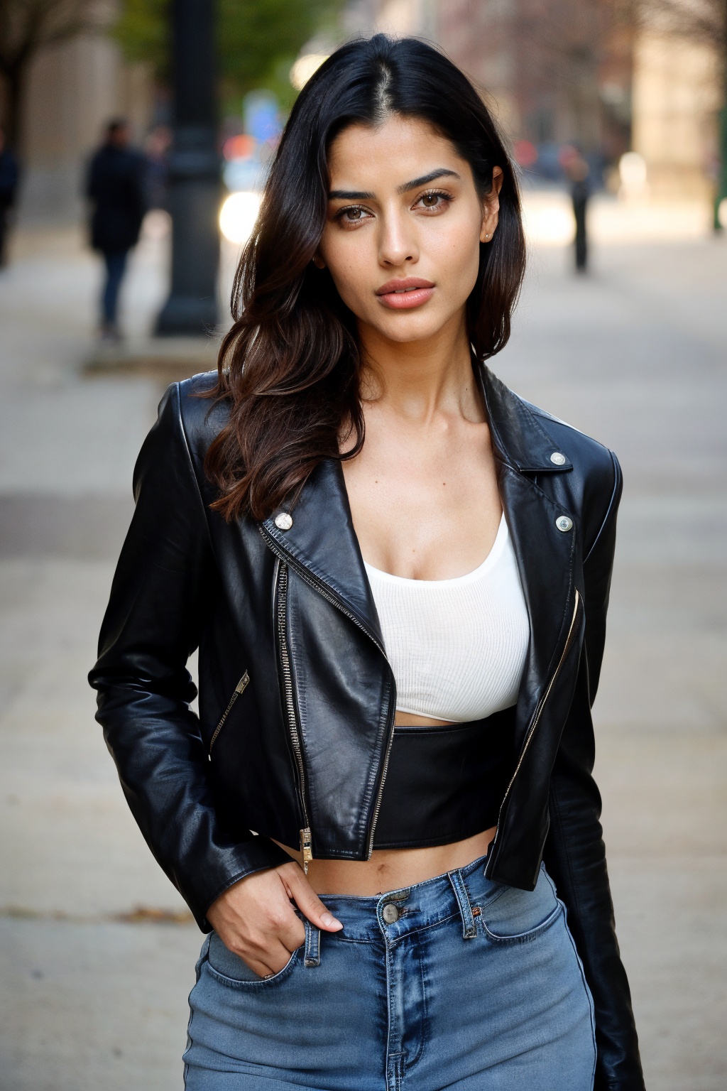 There a woman isma young beautiful Indian woman,  face features like Katrina Kaif,  wearing black leather jacket on Tensor...