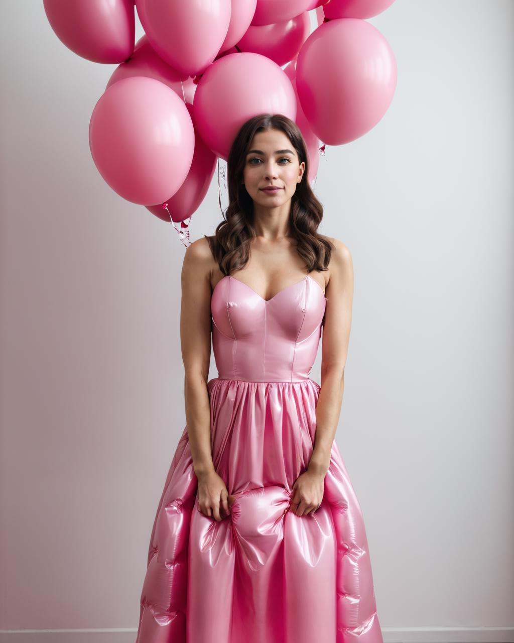 a woman in a pink dress holding a bunch of balloons on Tensor.Art