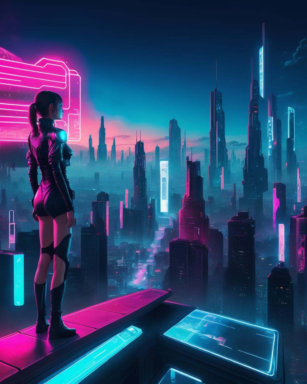 a futuristic city with neon lights and a man standing on top of a building ,  1girl,  solo on Tensor.Art