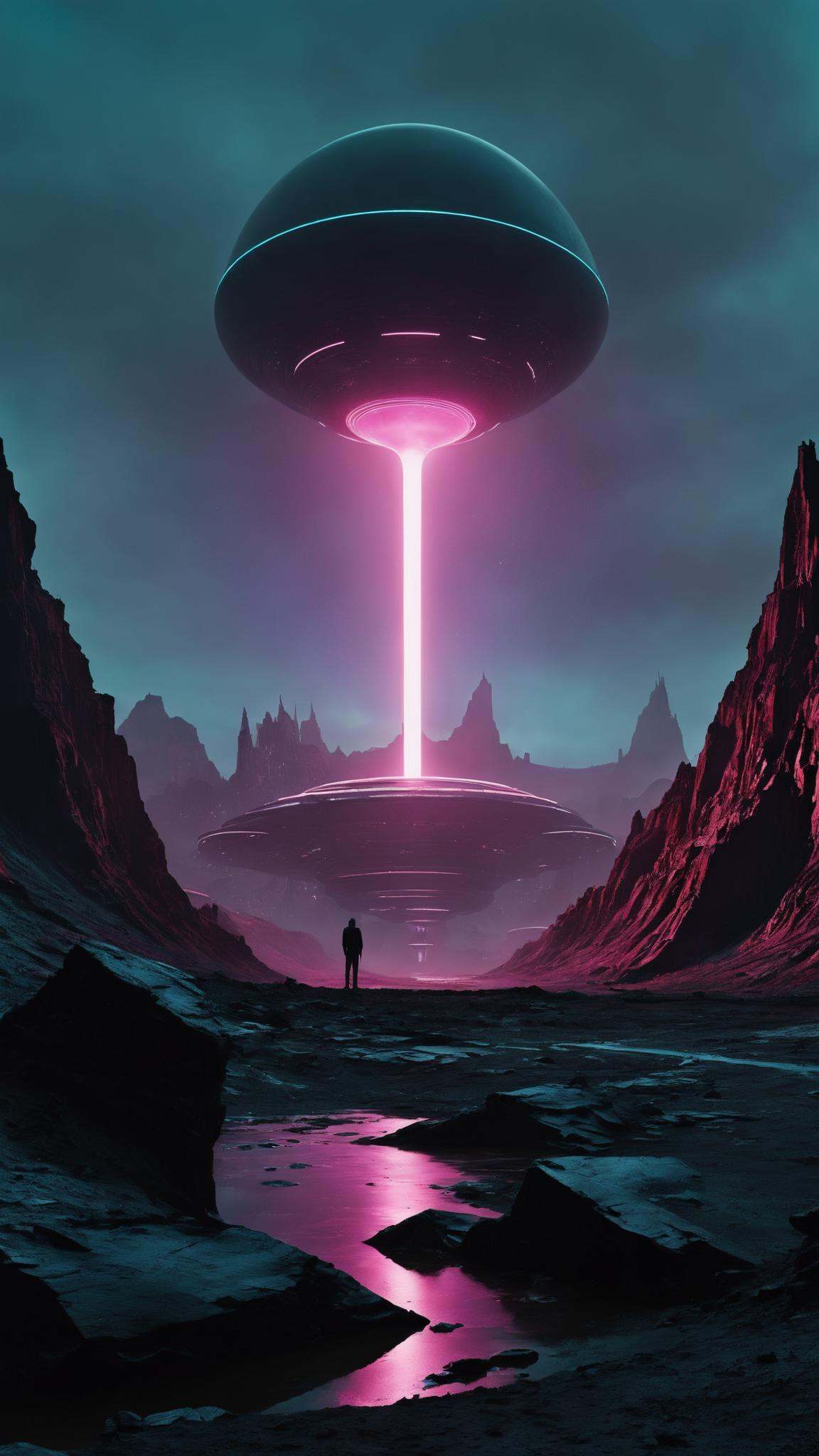 -A tense sci-fi movie scene set on a desolate planet,  featuring towering alien architecture,  flickering neon lights on T...