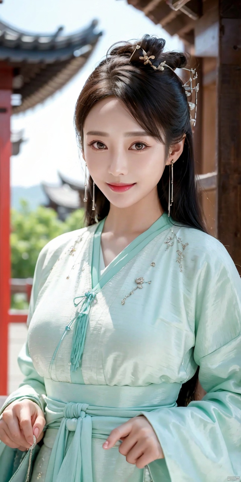  best quality, masterpiece, cowboy_shot,(Good structure), DSLR Quality,Depth of field,kind smile,looking_at_viewer,Dynamic pose, 
lichun, 1girl, realistic, solo, black hair, jewelry, chinese clothes, earrings, blurry, long hair