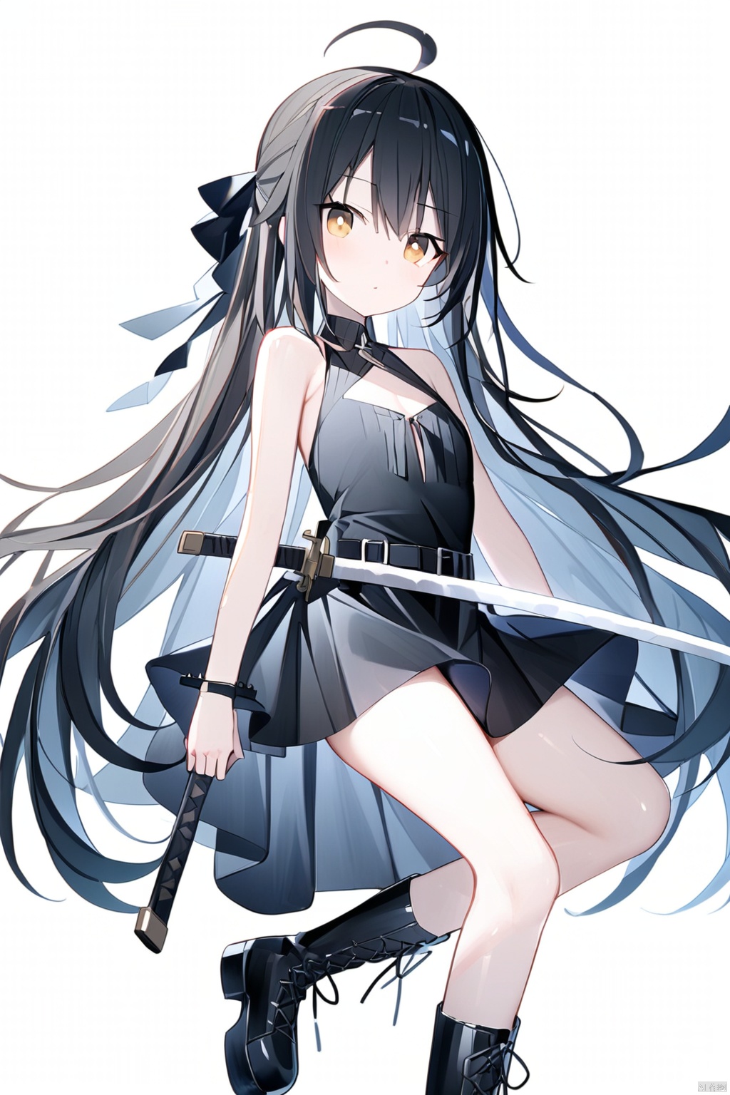  (best quality),(masterpiece),long hair, 1girl, solo, sword, dress, weapon, holding sword, black hair, holding weapon, white background, simple background, black dress, very long hair, holding, boots, looking at viewer, katana, ahoge, cross-laced footwear, hair between eyes, brown eyes, lace-up boots, sleeveless dress, black footwear, knee boots, bangs, sleeveless, bare shoulders, ass, blush, shana, bare arms, from side, short dress
