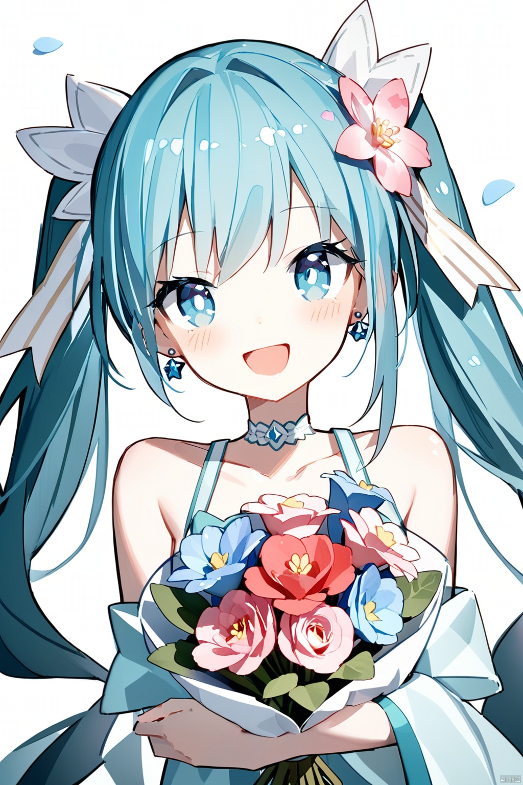  (best quality),(masterpiece),1girl, solo, flower, twintails, blue eyes, looking at viewer, smile, hair ornament, hatsune miku, hair flower, long hair, simple background, bangs, jewelry, bouquet, white background, earrings, upper body, blush, open mouth, blue hair, bare shoulders, pink flower, holding, collarbone, blue flower, petals, :d