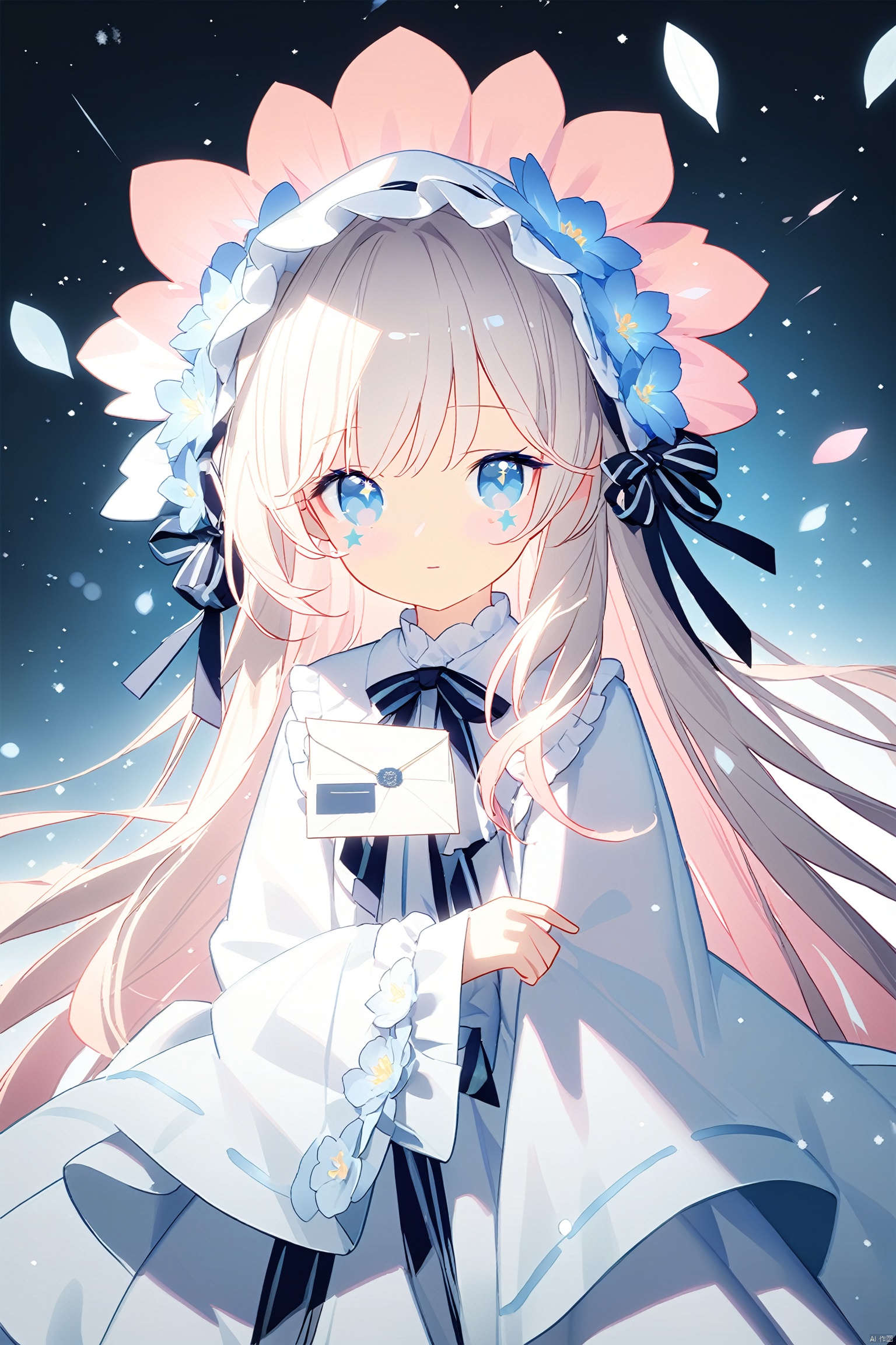 anime,illustration, female character, blue eyes, long white hair, oversized bonnet, flower motifs, pastel colors, soft lighting, ribbon accessories, holding letter, snowy background, fantasy, ethereal, blush makeup, winter clothing, frills, youthful appearance, light texture, serene expression, artful composition, detailed flora, digital art, high saturation, flowing fabric, visual effects, sparkling elements
