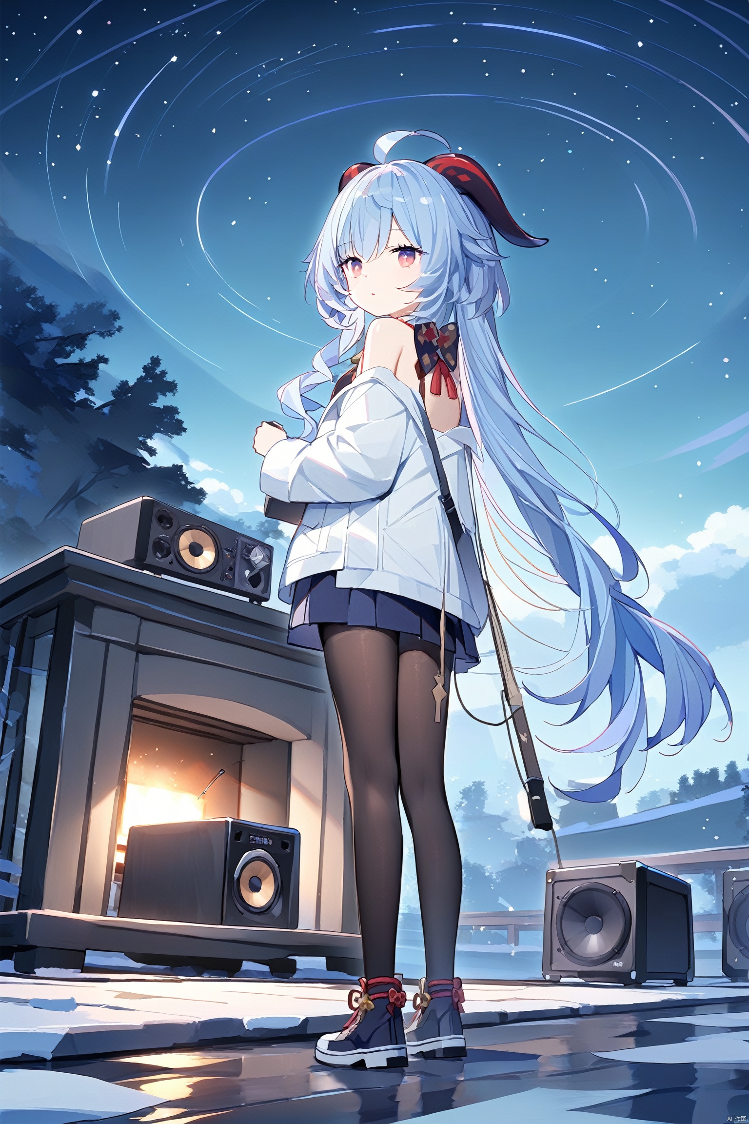  (best quality),(masterpiece),1girl, ganyu \(genshin impact\), solo, long hair, sky, blue hair, ahoge, night, instrument, scenery, outdoors, standing, star \(sky\), pantyhose, speaker, wide shot, black pantyhose, very long hair, night sky, bangs
