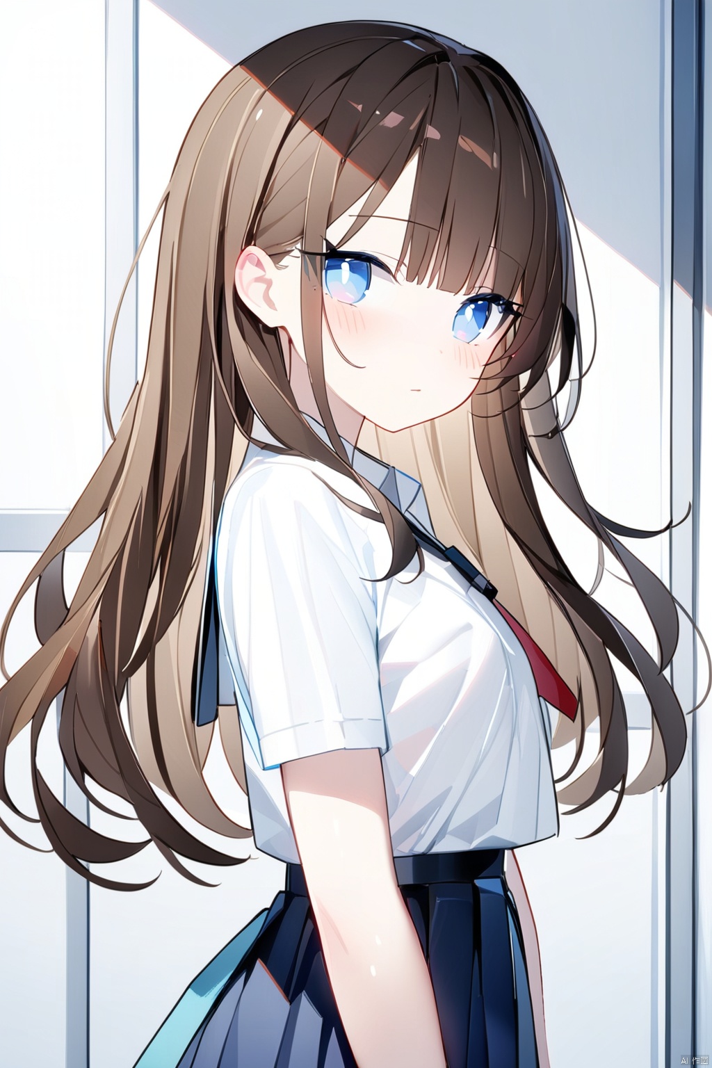  (best quality),(masterpiece),1girl, solo, looking at viewer, long hair, blue eyes, skirt, white shirt, shirt, blush, bangs, brown hair, short sleeves, closed mouth, black skirt, breasts, from side, school uniform, pleated skirt, upper body, blue skirt, looking to the side