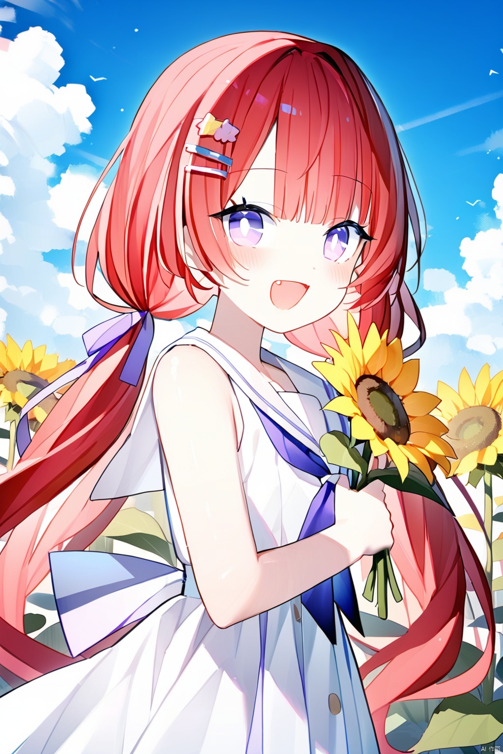  (best quality),(masterpiece),1girl, solo, flower, open mouth, smile, long hair, fang, twintails, dress, :d, hair ribbon, sunflower, ribbon, hair ornament, day, looking at viewer, cloud, holding, purple eyes, sky, blush, hairclip, sailor dress, white dress, sleeveless, holding flower, red hair, ahoge, outdoors, sleeveless dress, low twintails, very long hair, blue sky, from side, bangs, sailor collar, neckerchief, purple ribbon