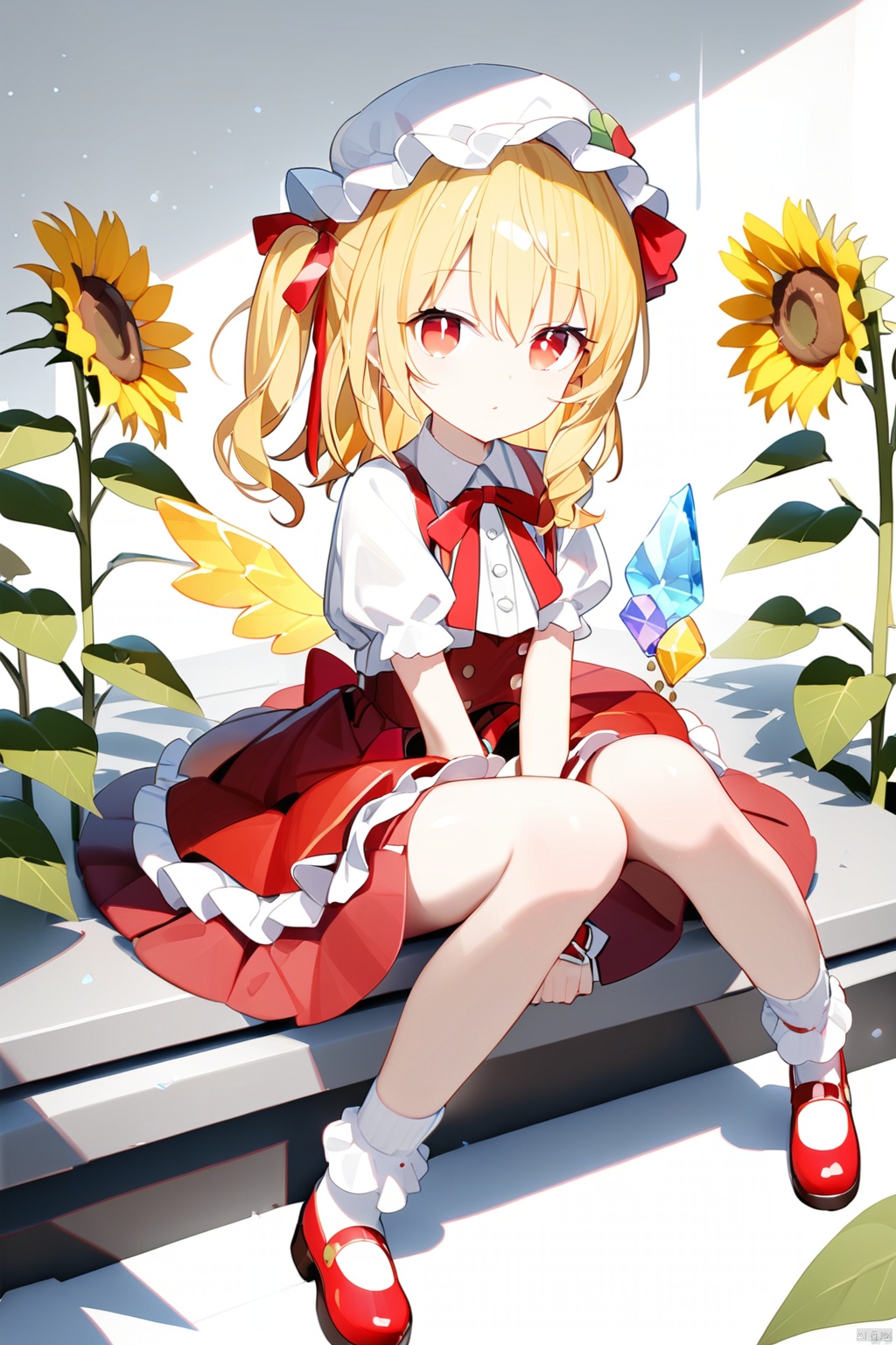  (best quality),(masterpiece),solo, 1girl, hat, ribbon, flandre scarlet, red footwear, red skirt, mob cap, red vest, flower, red eyes, short sleeves, socks, blonde hair, hat ribbon, white socks, sunflower, skirt, red ribbon, wings, crystal, vest, puffy sleeves, yellow flower, puffy short sleeves, white headwear, leaf, wrist cuffs, shirt, frills, looking at viewer, shoes, white shirt, bangs, one side up, sitting, short hair, hair between eyes