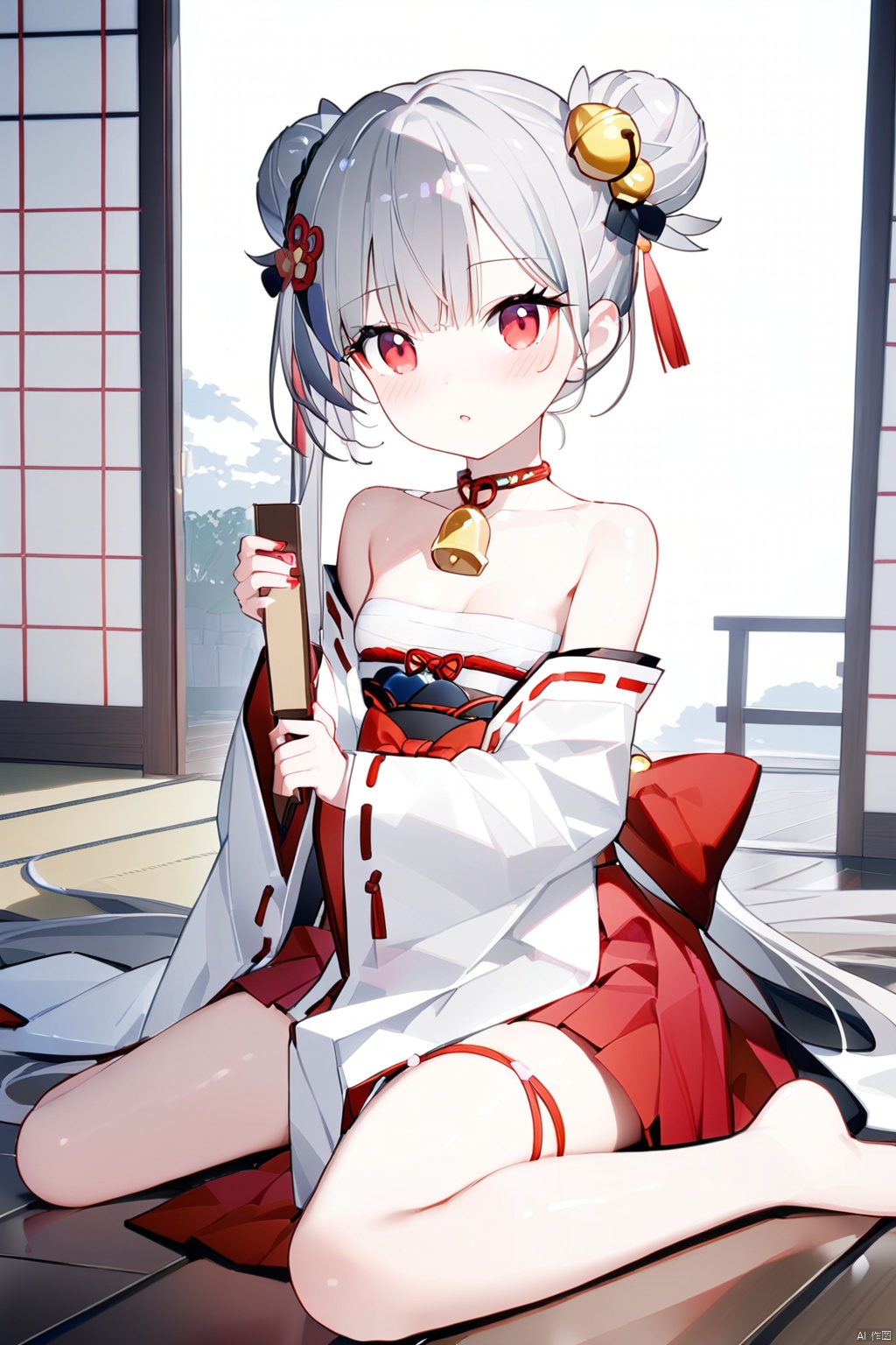  (best quality),(masterpiece),1girl, sarashi, hakama, long hair, solo, red eyes, hakama skirt, wariza, japanese clothes, double bun, looking at viewer, sitting, red hakama, breasts, hakama short skirt, barefoot, skirt, holding, grey hair, hair bun, miko, off shoulder, chest sarashi, very long hair, small breasts, bangs, long sleeves, white kimono, blush, wooden floor, kimono, parted lips, food, ribbon trim, collarbone, bare shoulders, hair ornament, bell, hair bell, wide sleeves, bow