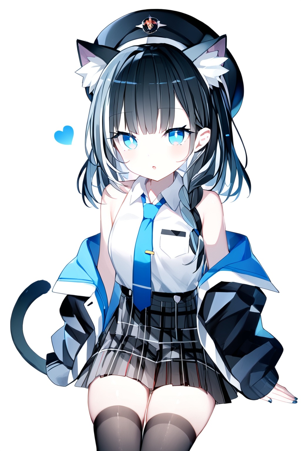 (best quality),(masterpiece),1girl, bad hands, solo, animal ears, shirt, white shirt, cat ears, sleeveless, cat tail, looking at viewer, off shoulder, thighhighs, skirt, sleeveless shirt, tail, cat girl, long hair, necktie, hat, collared shirt, heart, black thighhighs, jacket, braid, plaid skirt, long sleeves, plaid, open clothes, simple background, white background, bare shoulders, pleated skirt, hand up, parted lips, sitting, hair bow, beret, open jacket, black jacket, bow, breasts, collarbone, zettai ryouiki, blue necktie, nail polish, :o, black headwear, black skirt, miniskirt, animal ear fluff, blue eyes