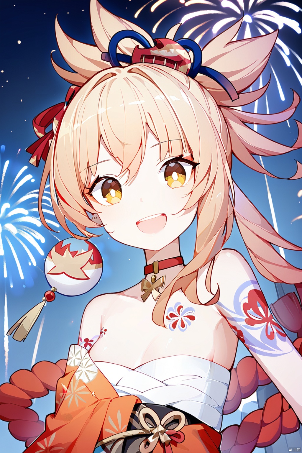  (best quality),(masterpiece), 1girl, yoimiya \(genshin impact\), solo, sarashi, smile, looking at viewer, open mouth, tattoo, japanese clothes, breasts, kimono, blonde hair, fireworks, yellow eyes, hair ornament, bangs, chest tattoo, orange kimono, :d, arm tattoo, ponytail, bandages, bare shoulders