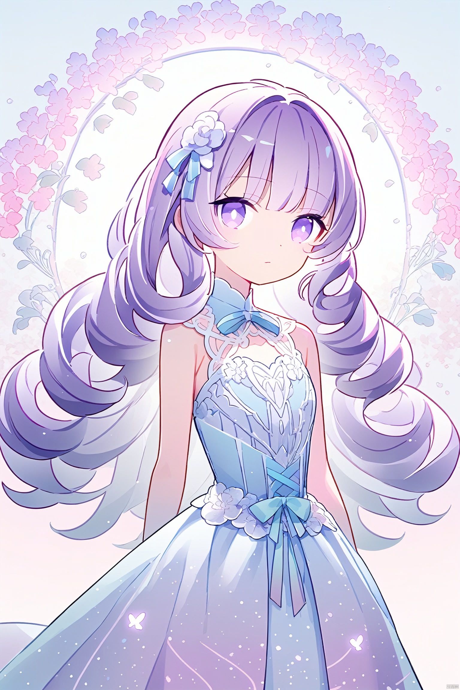 anime style, female character, pastel colors, floral theme, illustrated, vertical composition, whimsical, soft lighting, intricate clothing, youthful appearance, fantasy, transparent effects, curly hair, purple eyes, ribbon accessories, hand-drawn, ethereal, pink and blue outfit, delicate posture, signature text "hanayo",