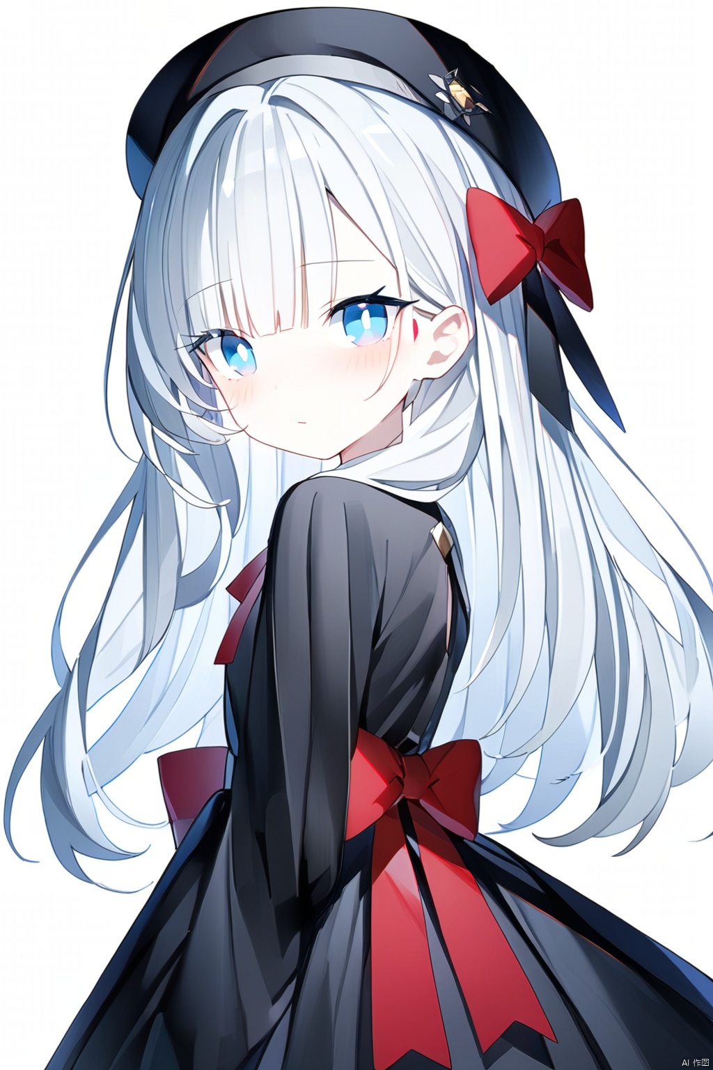  (best quality),(masterpiece),1girl, solo, blue eyes, dress, hat, long hair, long sleeves, looking at viewer, blush, black dress, ribbon, white hair, white background, bangs, puffy sleeves, flower, simple background, bow, closed mouth, red bow