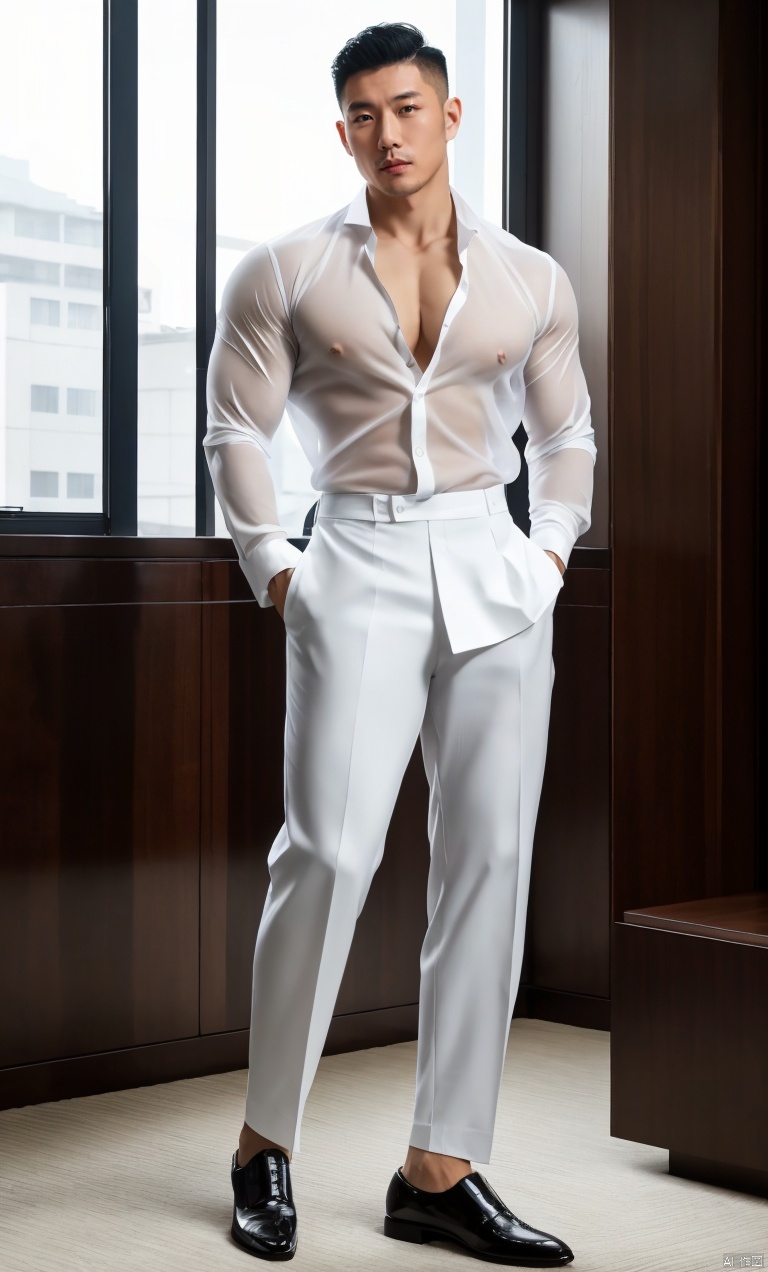  1man,Asian,solo,male focus,exquisite facial features,handsome,charming,muscular,white open shirt,pants,(sheer socks)footwear,in hotel ,window,standing,full shot,masterpiece,realistic,best quality,highly detailed, jzns,  jznssw,gx3