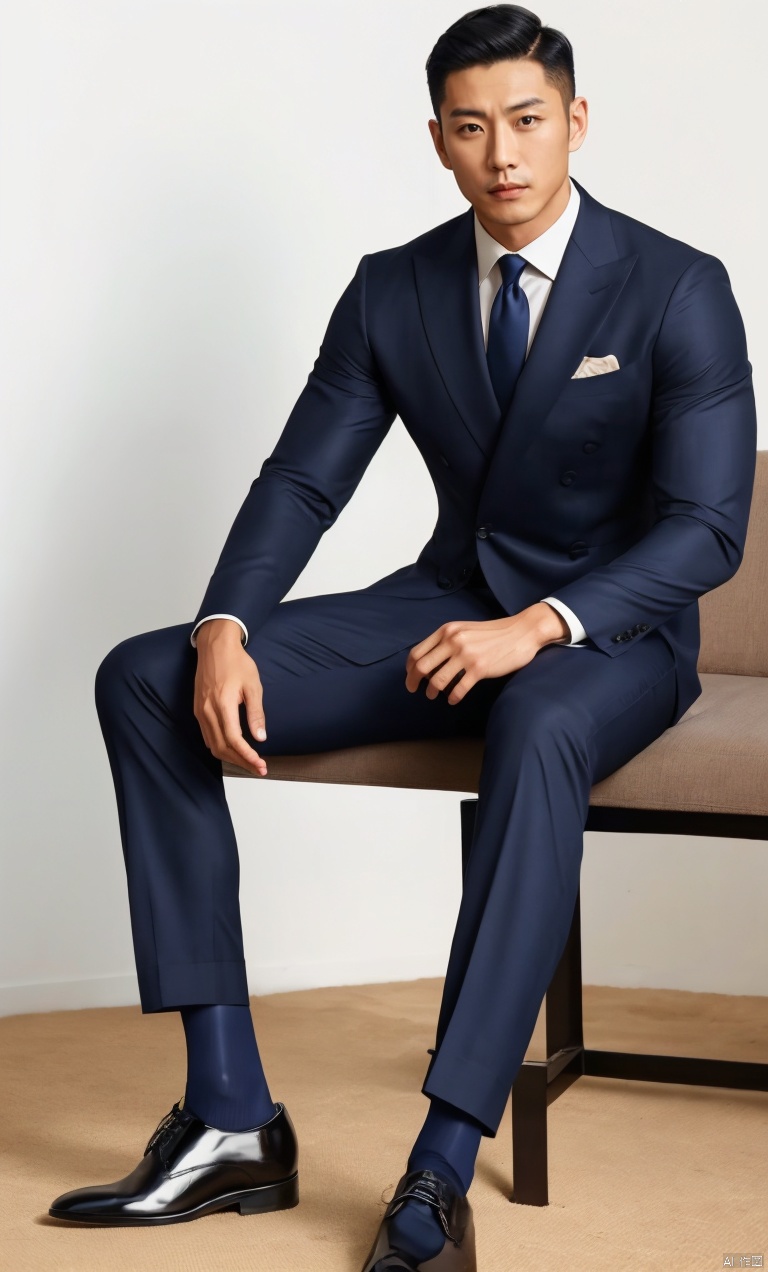  1man,Asian,solo,male focus,exquisite facial features,handsome,charming,muscular,black suit,pants,(navy sheer socks),footwear,masterpiece,realistic,best quality,highly detailed, jzns,  jznssw