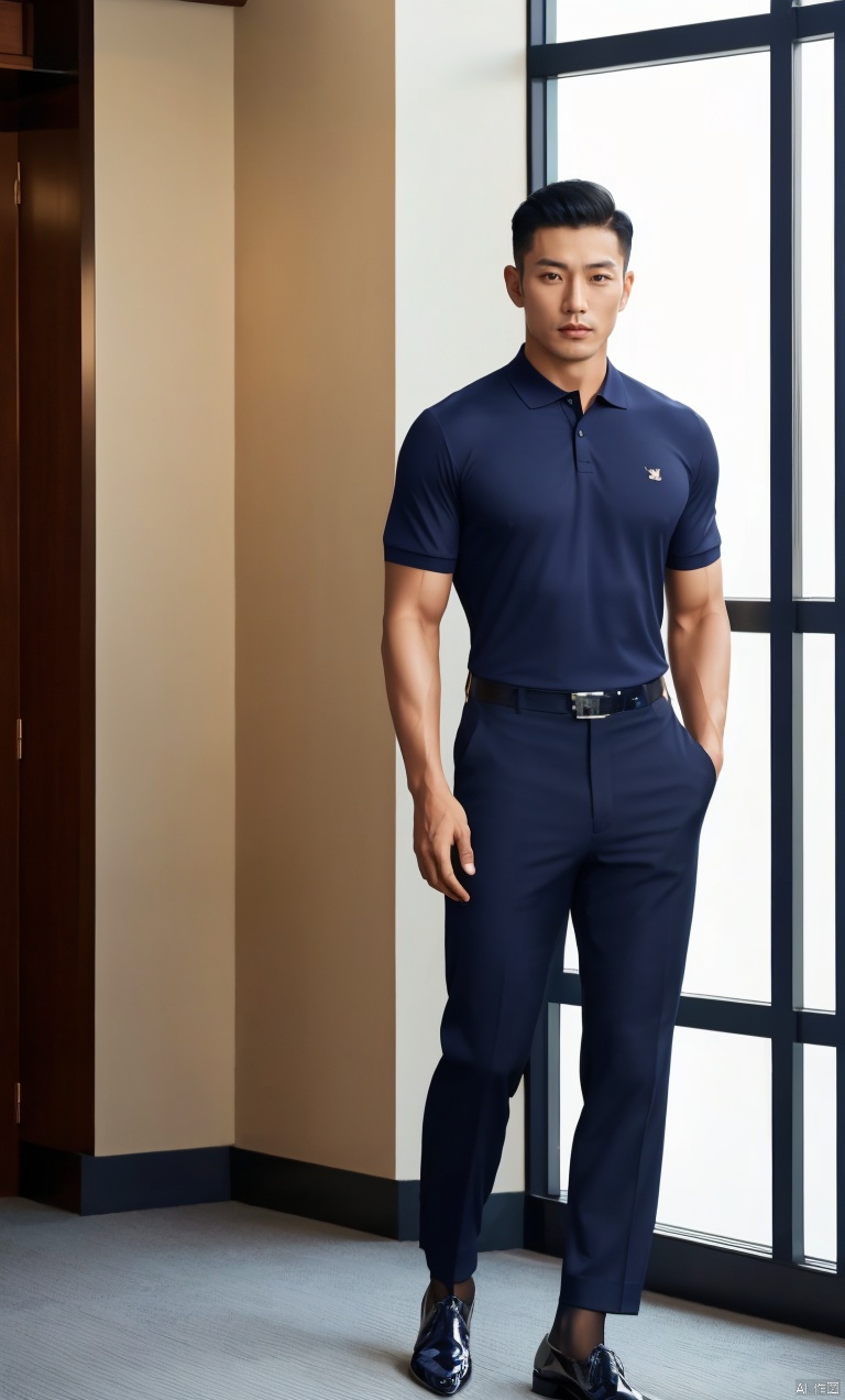  1man,Asian,solo,male focus,exquisite facial features,handsome,charming,muscular,open polo shirt,pants,(navy shiny sheer socks),footwear,in hotel ,window,standing,full shot,masterpiece,realistic,best quality,highly detailed, jzns,  jznssw