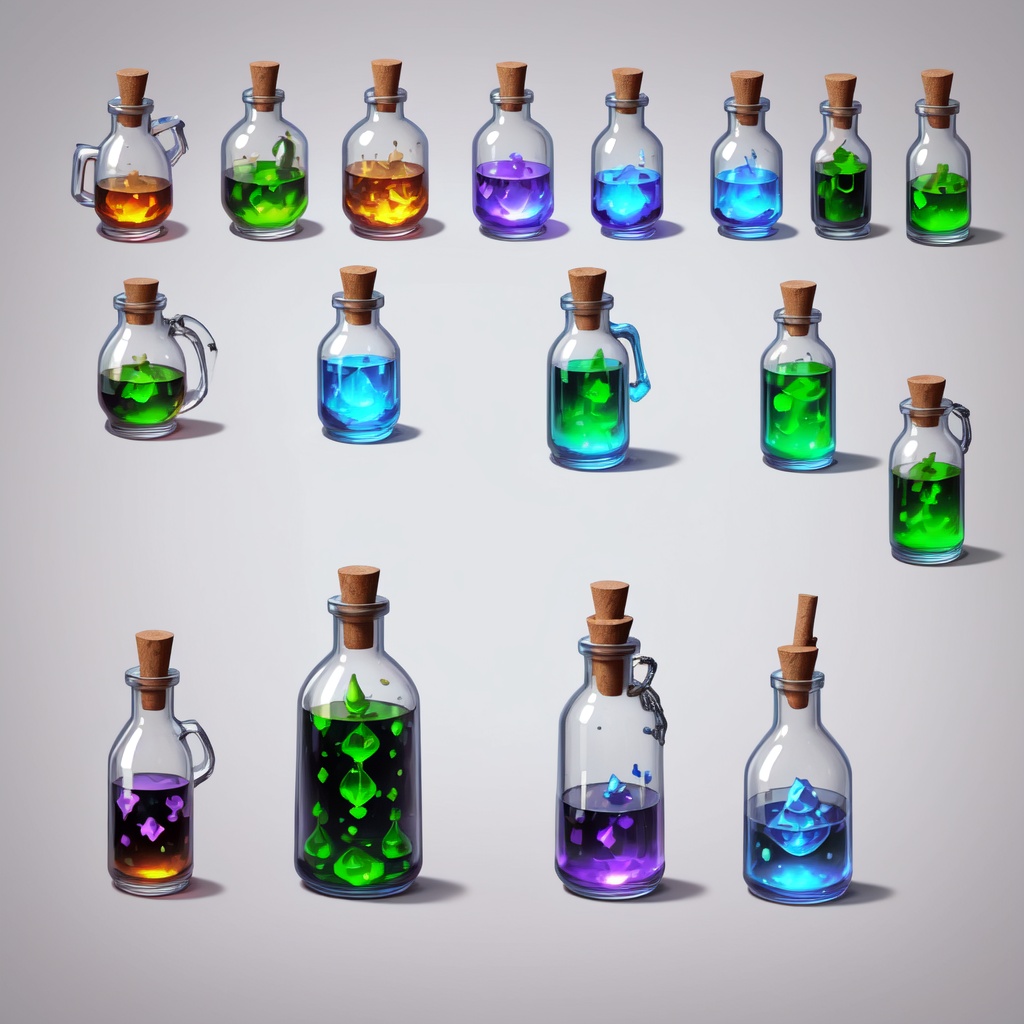 Array of magical world style potion bottles in pixel art, Each item is an independent pixelated entity with high-tech magic stoppers, Arranged in 2D pixel game prop style, No overlapping, Solid gray-black background for easy clipping, High quality, Detailed, Pixelated, Each potion bottle features a unique pixel design with Western fantasy aesthetics