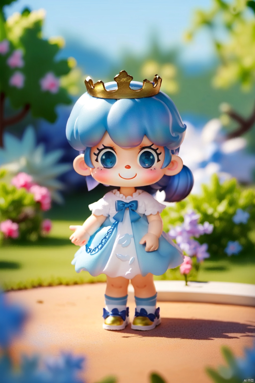  masterpiece,best quality,absurdres,cat girl,blue eyes,blurry background,outdoors,crown,personification,chibi,smile,