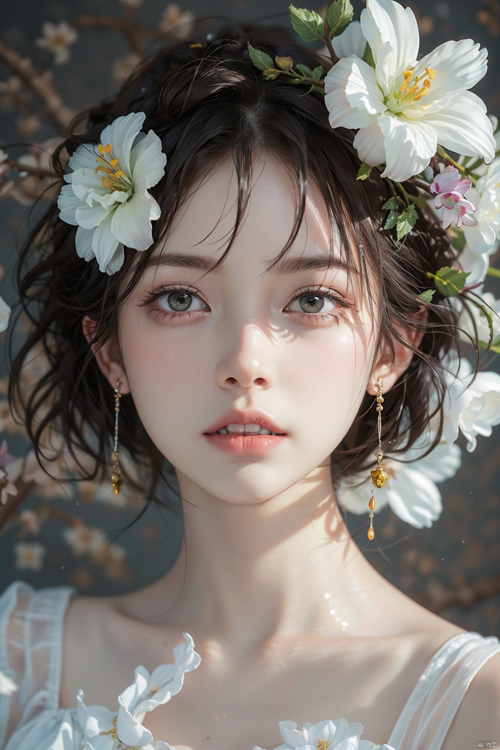 1girl, solo, looking at viewer, short hair, black hair, brown eyes, upper body, flower, parted lips, teeth, hair flower, blurry, lips, white flower, portrait, freckles, realistic, holding flower