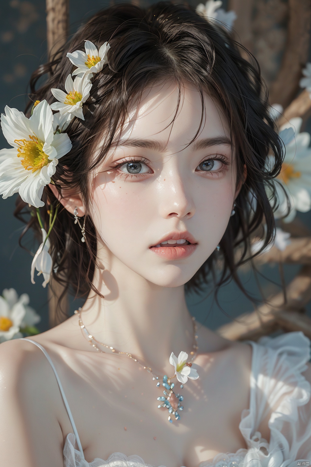 1girl, solo, looking at viewer, short hair, black hair, brown eyes, upper body, flower, parted lips, teeth, hair flower, blurry, lips, white flower, portrait, freckles, realistic, holding flower