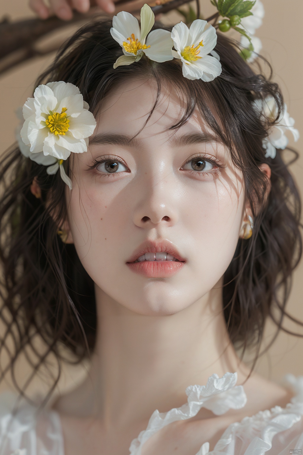 1girl, solo, looking at viewer, short hair, black hair, brown eyes, upper body, flower, parted lips, teeth, hair flower, blurry, lips, white flower, portrait, freckles, realistic, holding flower