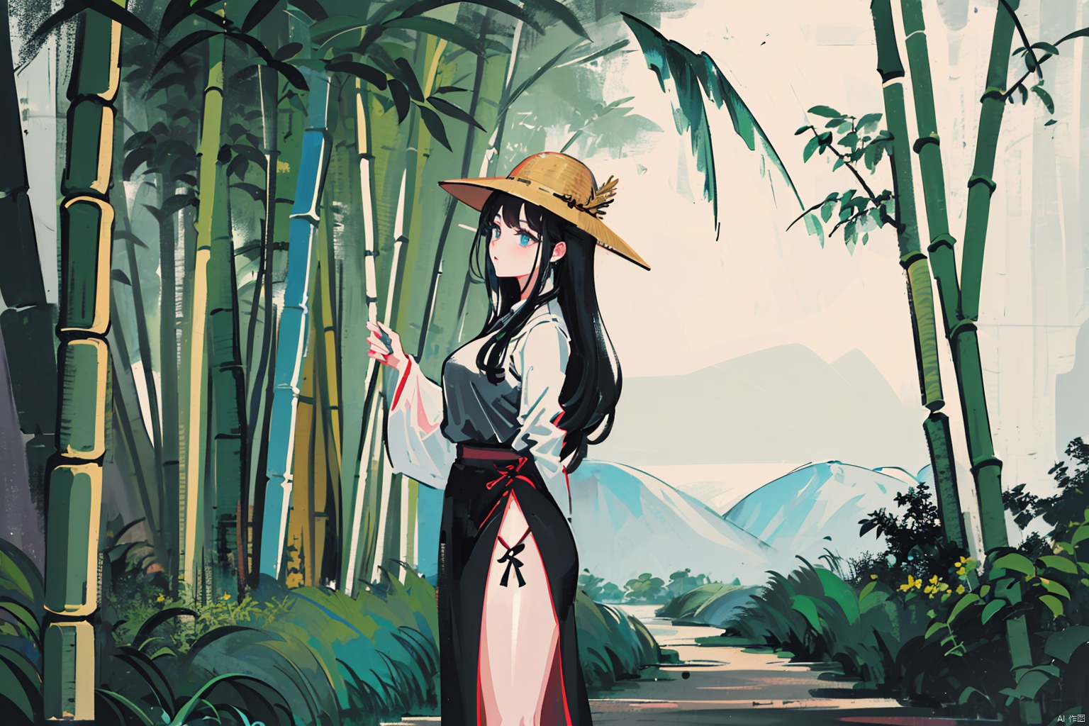  (masterpiece), (highest quality), ultra-high resolution,1girl, long hair, (high-waistskirt),golden earring, (bamboo hat),(side slit:1.3).Bamboo forest, standing