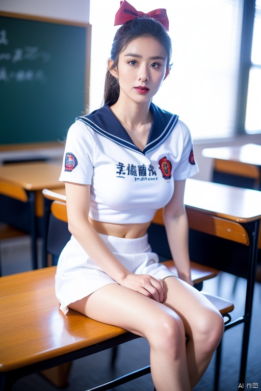 ((midnight, need, 8k, masterpiece:1.3)), full body female, Leg length, The essential:1.2, Beautiful woman,Have a perfect body:1.4, Lean abdominal muscles:1.1, Show your belly button,((Blonde, Huge breasts:1.5 )), (Sailor Suit,Short sleeve T-shirt,black bow,White,Black skirt), ((classroom, roof:1.3)), Double tail,Blonde,Red Eyes,Highly detailed face and skin textures, Exquisite eyes, Double eyelids,actor 👀 :8,Japanese Goddess, The skin is hydrated、shining!!,Realistic perfect body