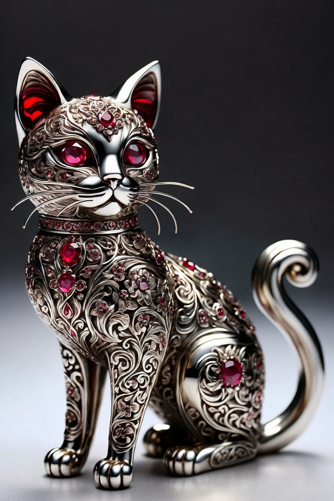 the ornate figurine of a cat,  crafted from silver and adorned with intricate floral designs,  sits majestically on the po...