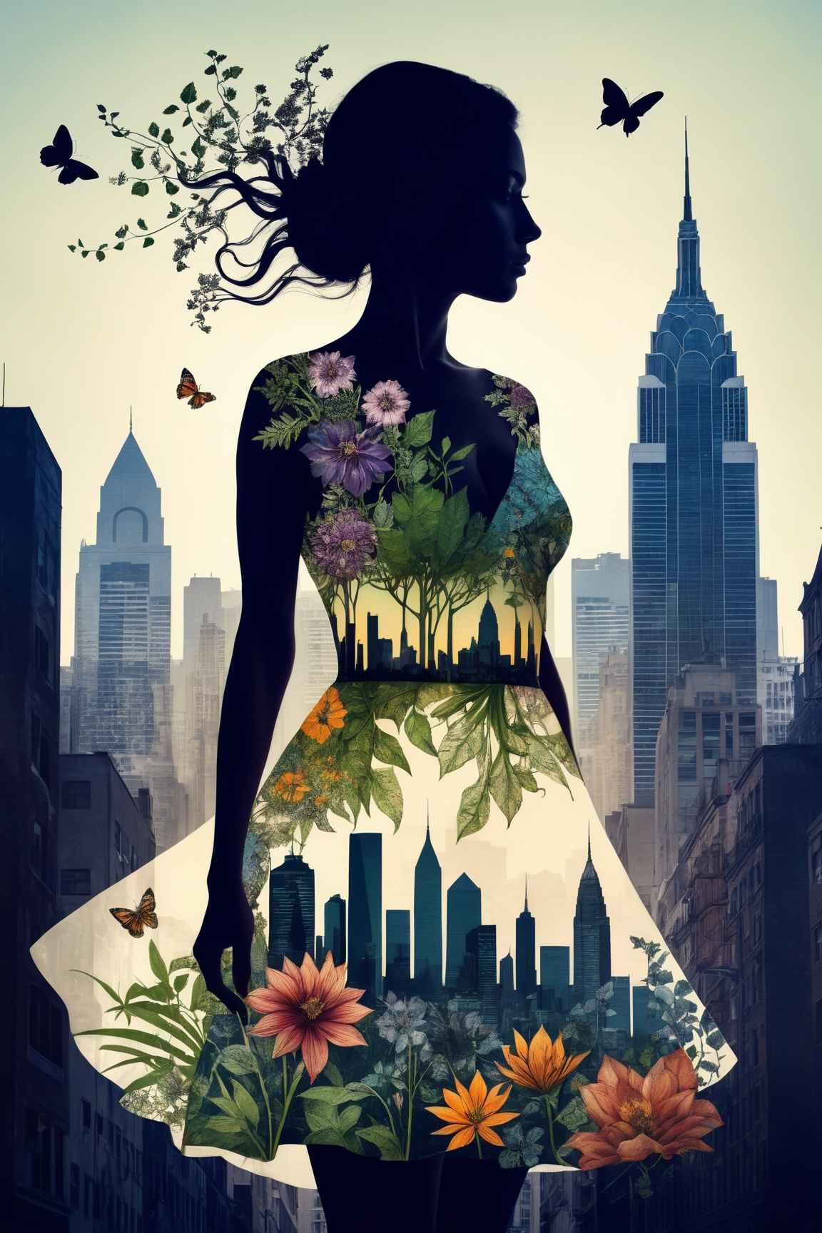 a photograph of a double exposure of a woman standing in front of a city skyline,  her silhouette filled with the intricat...