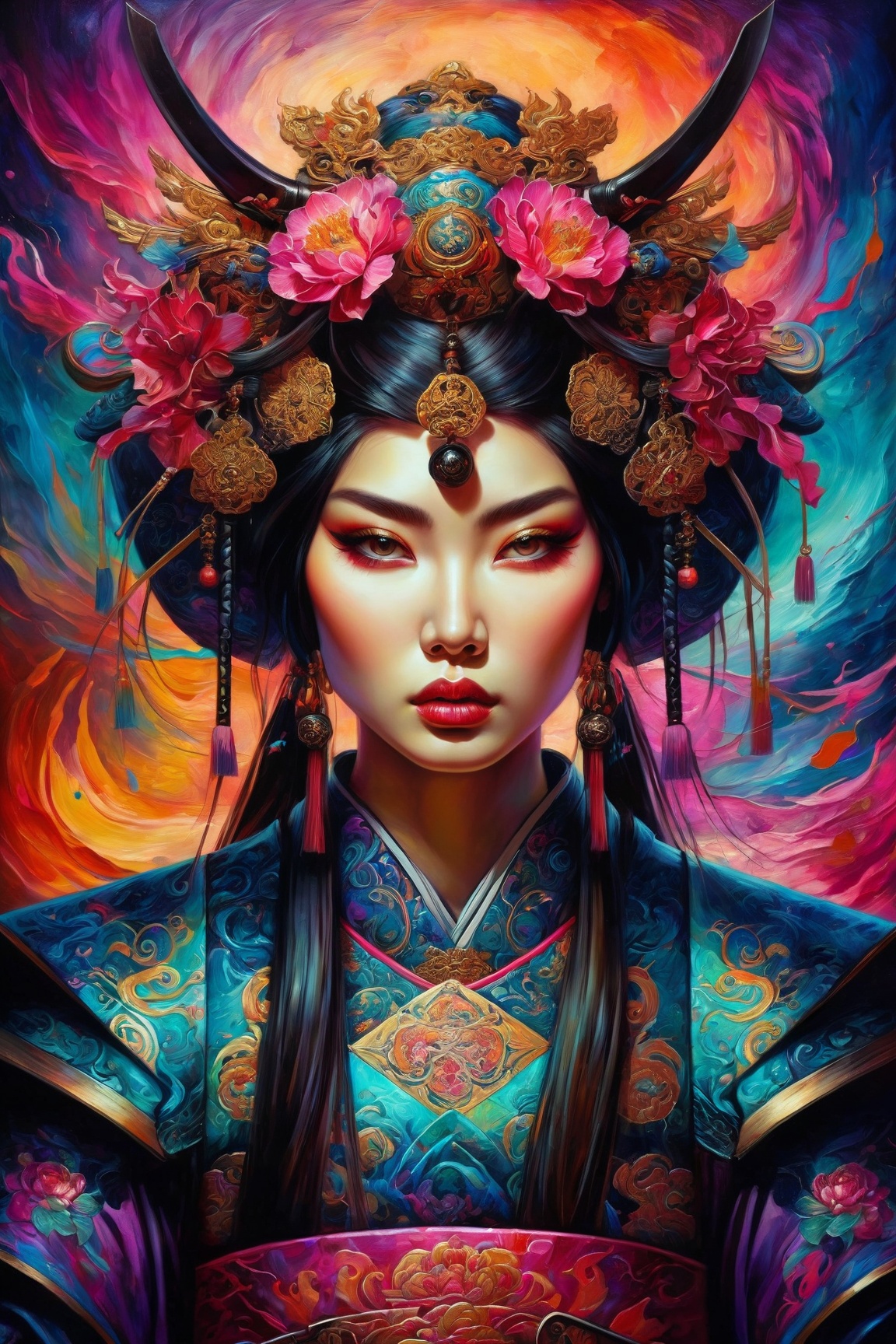 dark art stylized by Tanya Shatseva,  Extraordinary Samurai Female Renaissance Person,  Eastern background on Tensor.Art