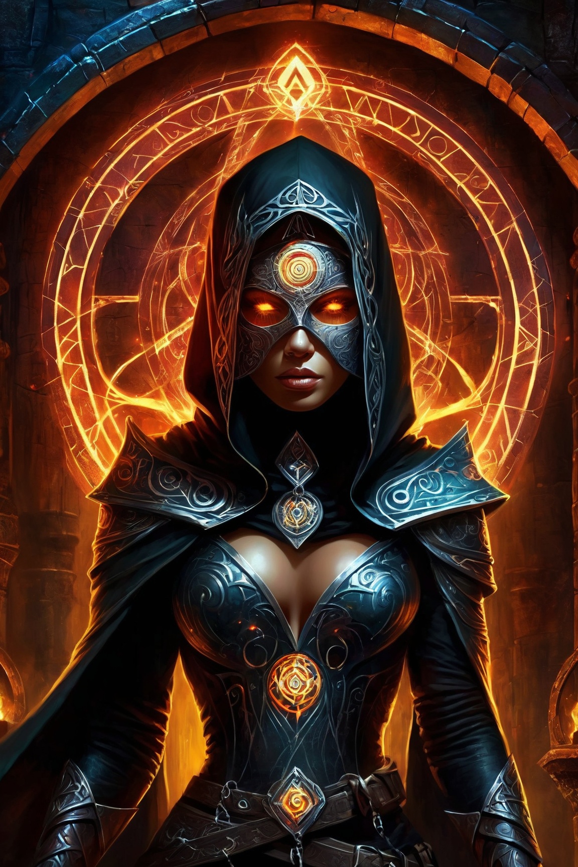Digital painting. Full body. In a dark fantasy dungeon,  a mysterious female ,  muscular on Tensor.Art
