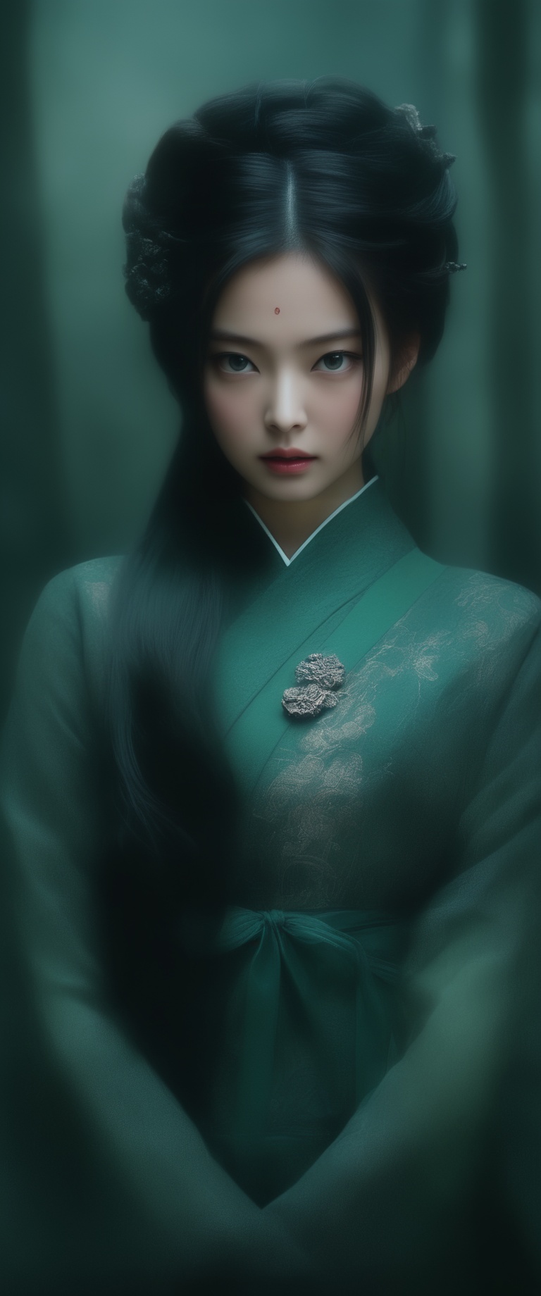 breathtaking RAW photo of female ((Imagen arafed de una mujer con un vestido verde en un bosque.,  retrato geisha con fleq...