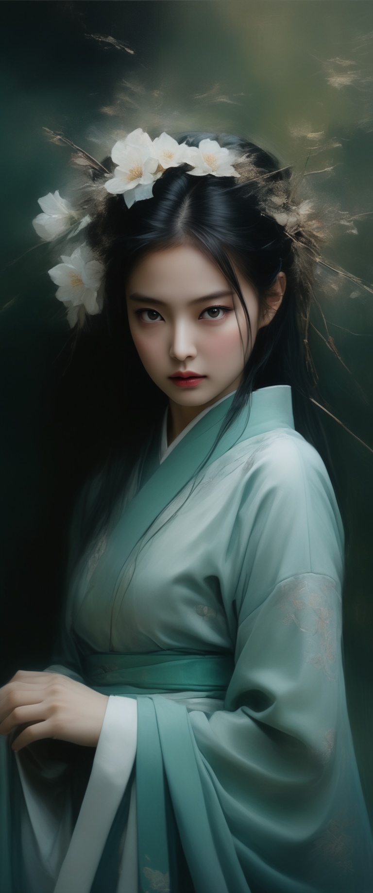 breathtaking RAW photo of female ((Imagen de una mujer con un vestido verde en un bosque.,  retrato geisha con flequillo,...