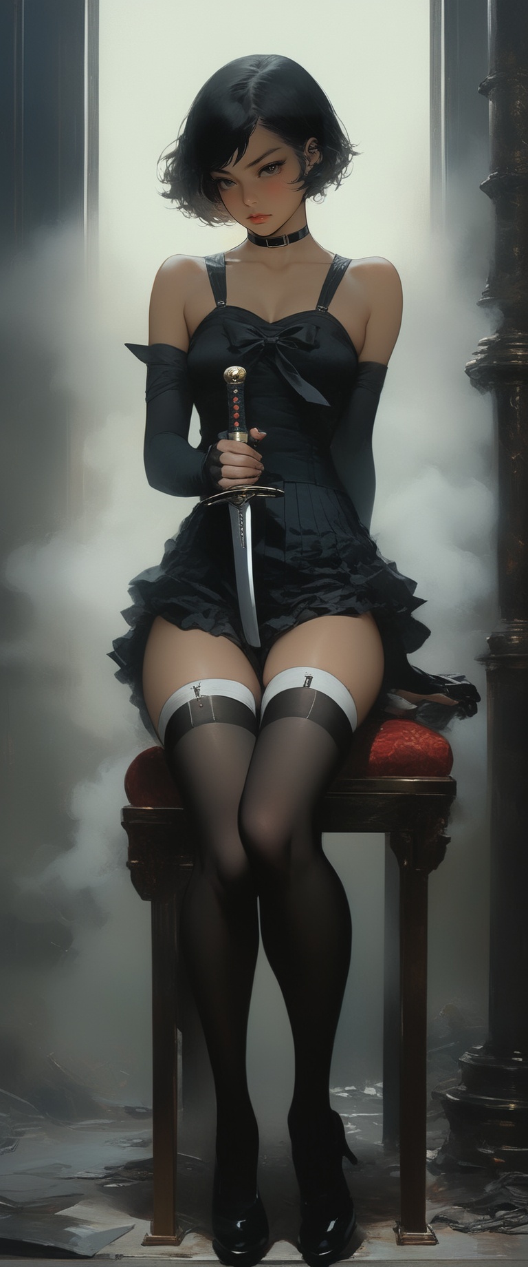 1 woman,  black sailor school uniform,  sitting in a chair holding a sword on Tensor.Art